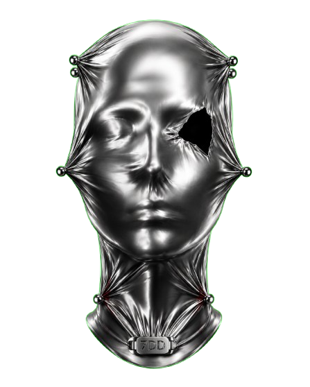 THE VEIL Drop 006. Anonymous face distorted beneath taut liquid-metal fabric, one opening revealing only darkness. 7DD throat fastener and six tension pins mark Drop 006. Artwork on white heavyweight tee.