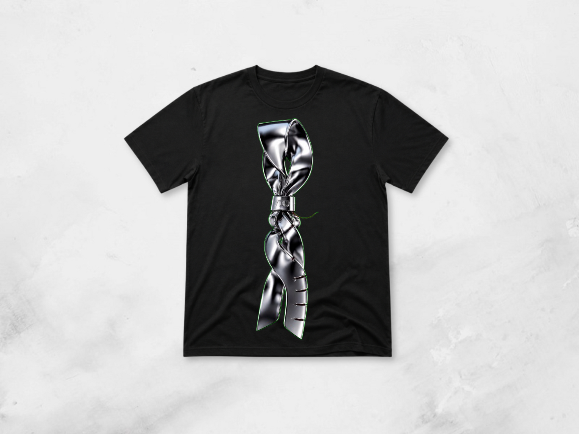 THE VEIL Drop 006 white T-shirt flat lay. Liquid-metal face artwork printed front-only. 7 Day Drop.