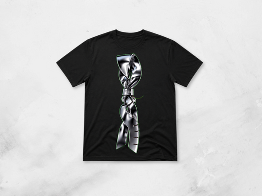 THE VEIL Drop 006 white T-shirt flat lay. Liquid-metal face artwork printed front-only. 7 Day Drop.