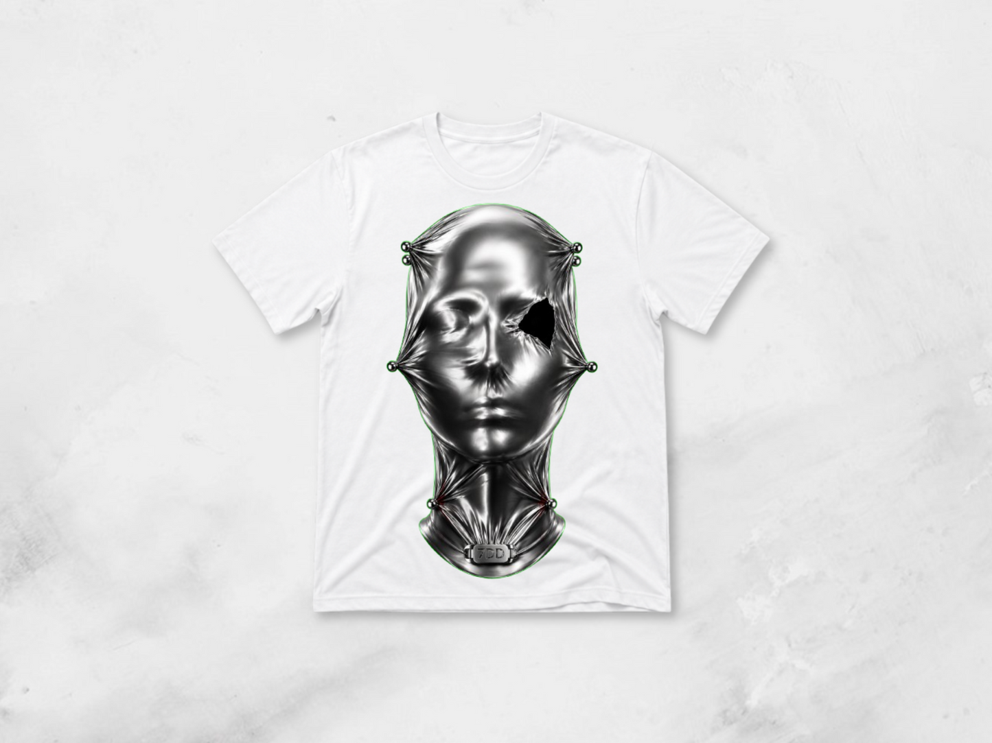 THE VEIL — Drop 006 black T-shirt flat lay. Mirror-chrome ribbon artwork printed front-only. 7 Day Drop.
