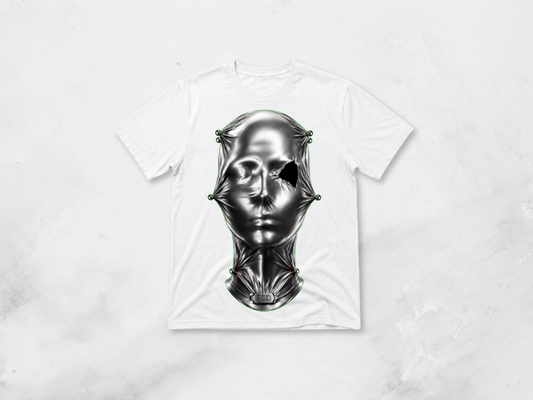 THE VEIL — Drop 006 black T-shirt flat lay. Mirror-chrome ribbon artwork printed front-only. 7 Day Drop.